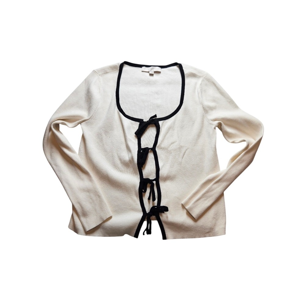 Loft Womens Cream White Cardigan Sweater Black Contrast Trim Tie Front Size L